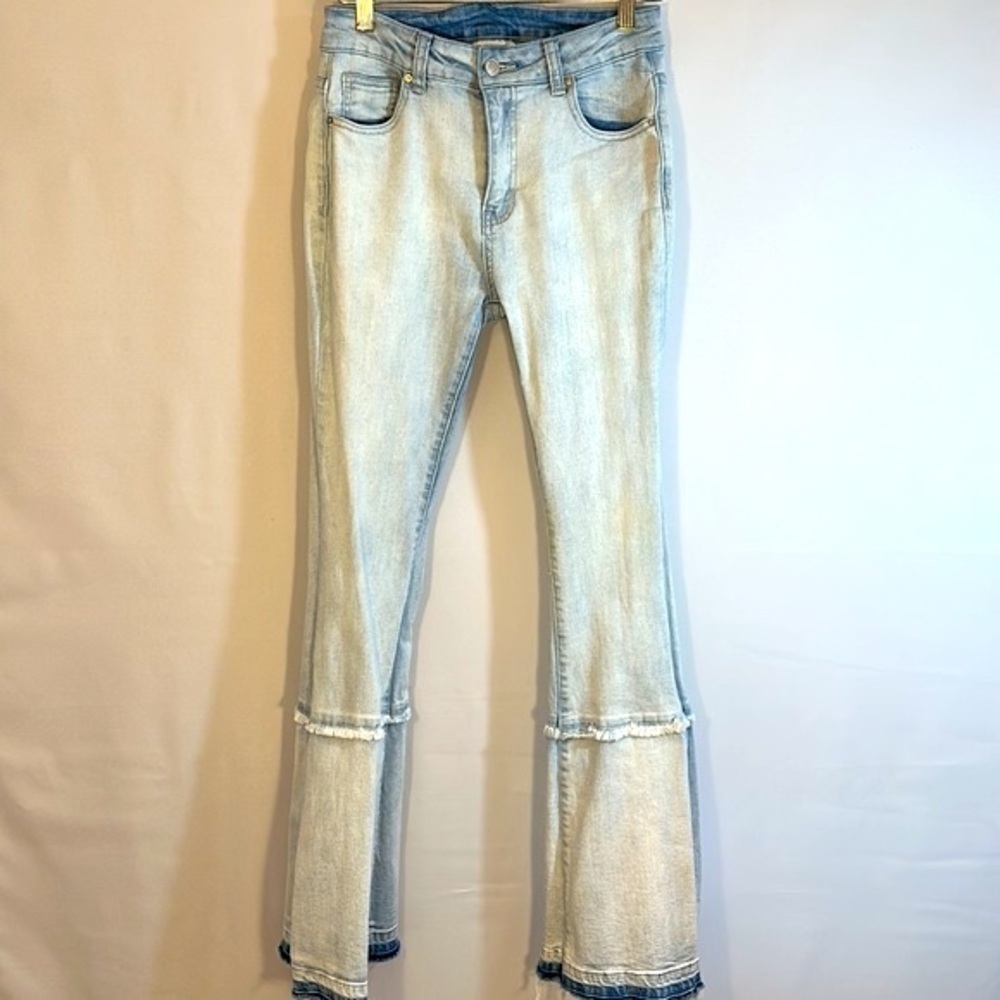 Litz Womens Jeans Blue Denim Sz 26 High Waist Flare Leg Raw Hem 70s Hippie Boho